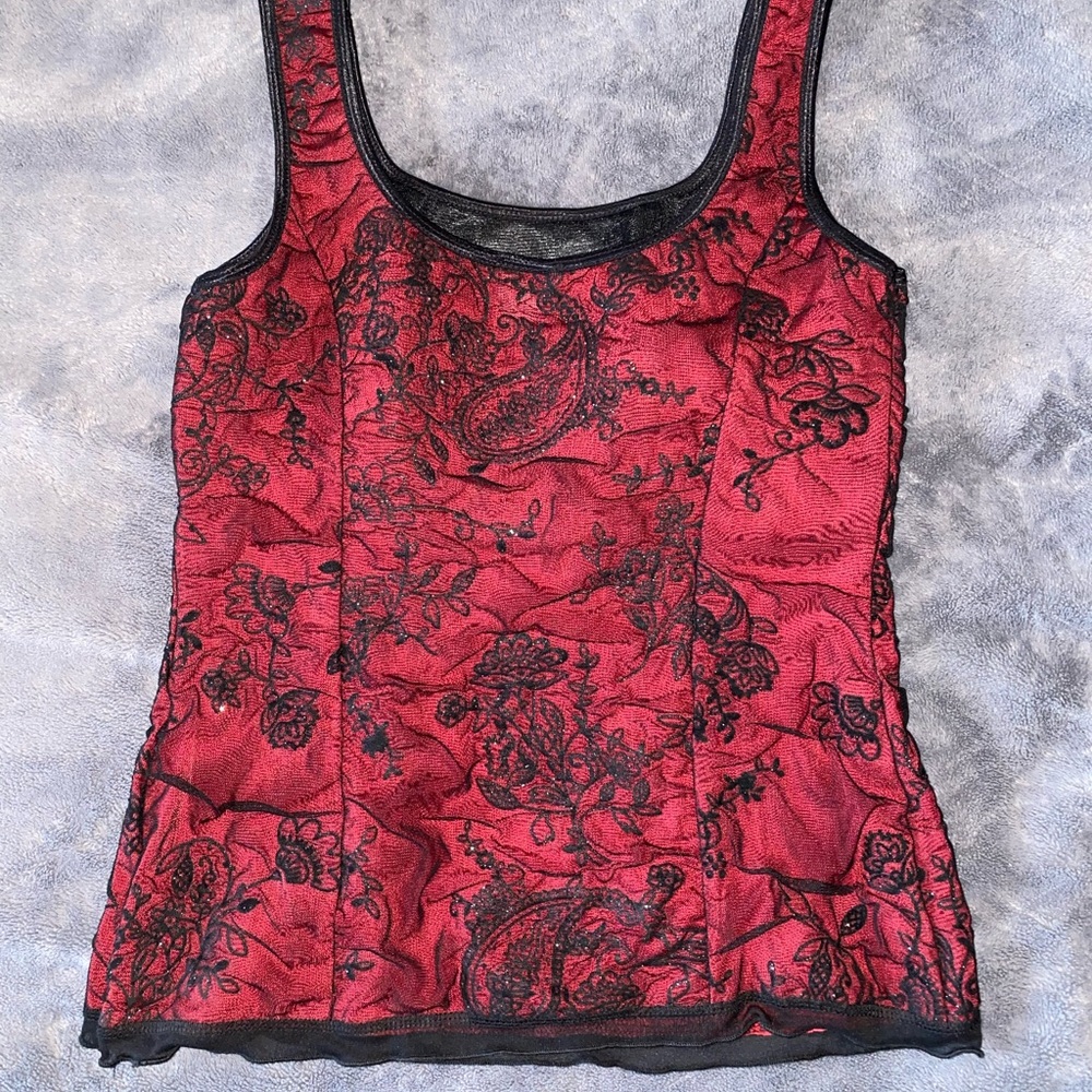Y2K Vintage J.T.B Red and Black Lace Tank Top Shirt Blouse